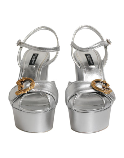 Dolce & Gabbana Silberne Logo-Knöchelriemen-Absätze Sandalen Schuhe