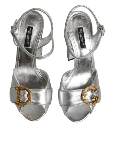 Dolce & Gabbana Silberne Logo-Knöchelriemen-Absätze Sandalen Schuhe