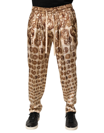 Dolce & Gabbana Beige Münzdruck Seidenköper Männer Jogginghosen