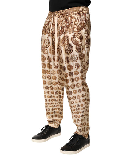 Dolce & Gabbana Beige Münzdruck Seidenköper Männer Jogginghosen