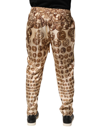 Dolce & Gabbana Beige Münzdruck Seidenköper Männer Jogginghosen