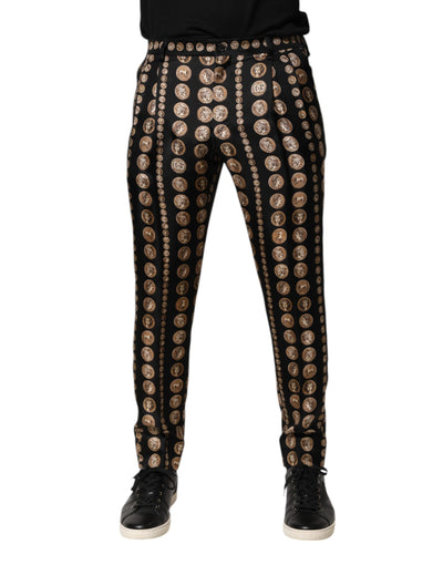 Dolce & Gabbana Schwarzer Münzdruck Seide Skinny Männer Hosen Hose