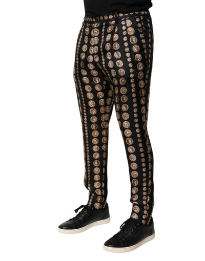 Dolce & Gabbana Schwarzer Münzdruck Seide Skinny Männer Hosen Hose