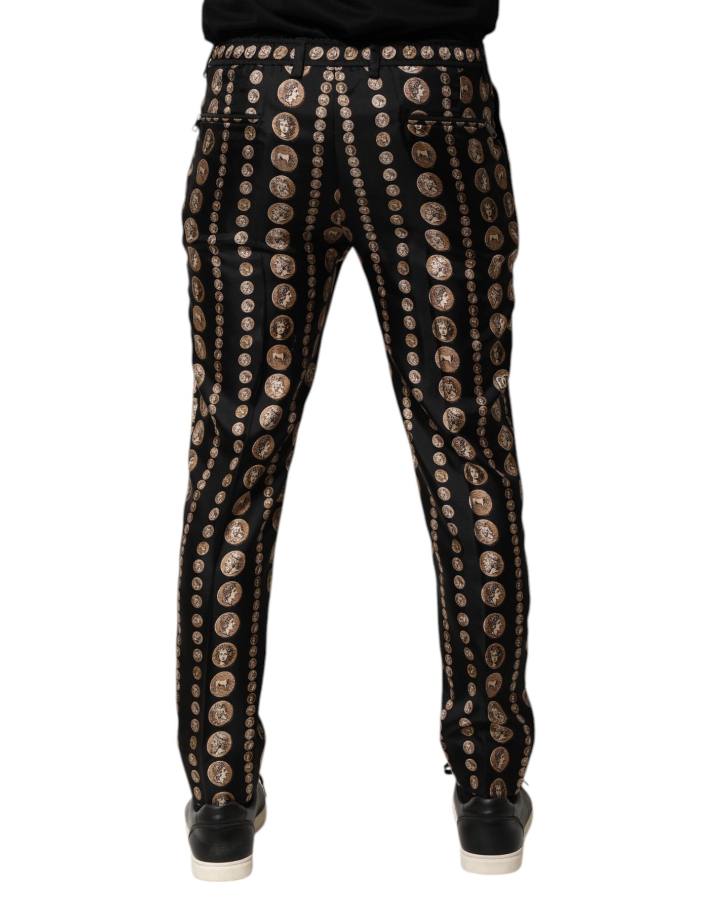 Dolce & Gabbana Schwarzer Münzdruck Seide Skinny Männer Hosen Hose