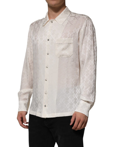 Dolce & Gabbana Weißes Seidenhemd mit DG-Logo-Druck und langen Ärmeln