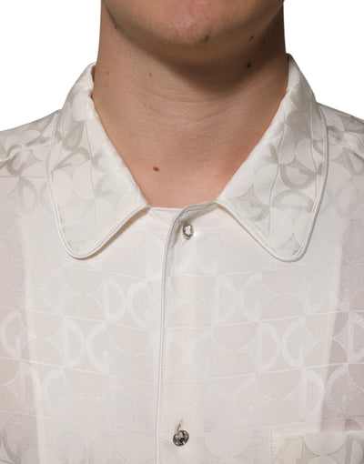 Dolce & Gabbana Weißes Seidenhemd mit DG-Logo-Druck und langen Ärmeln