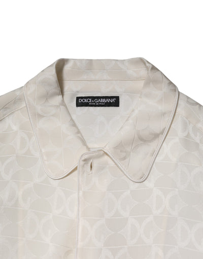 Dolce & Gabbana Weißes Seidenhemd mit DG-Logo-Druck und langen Ärmeln