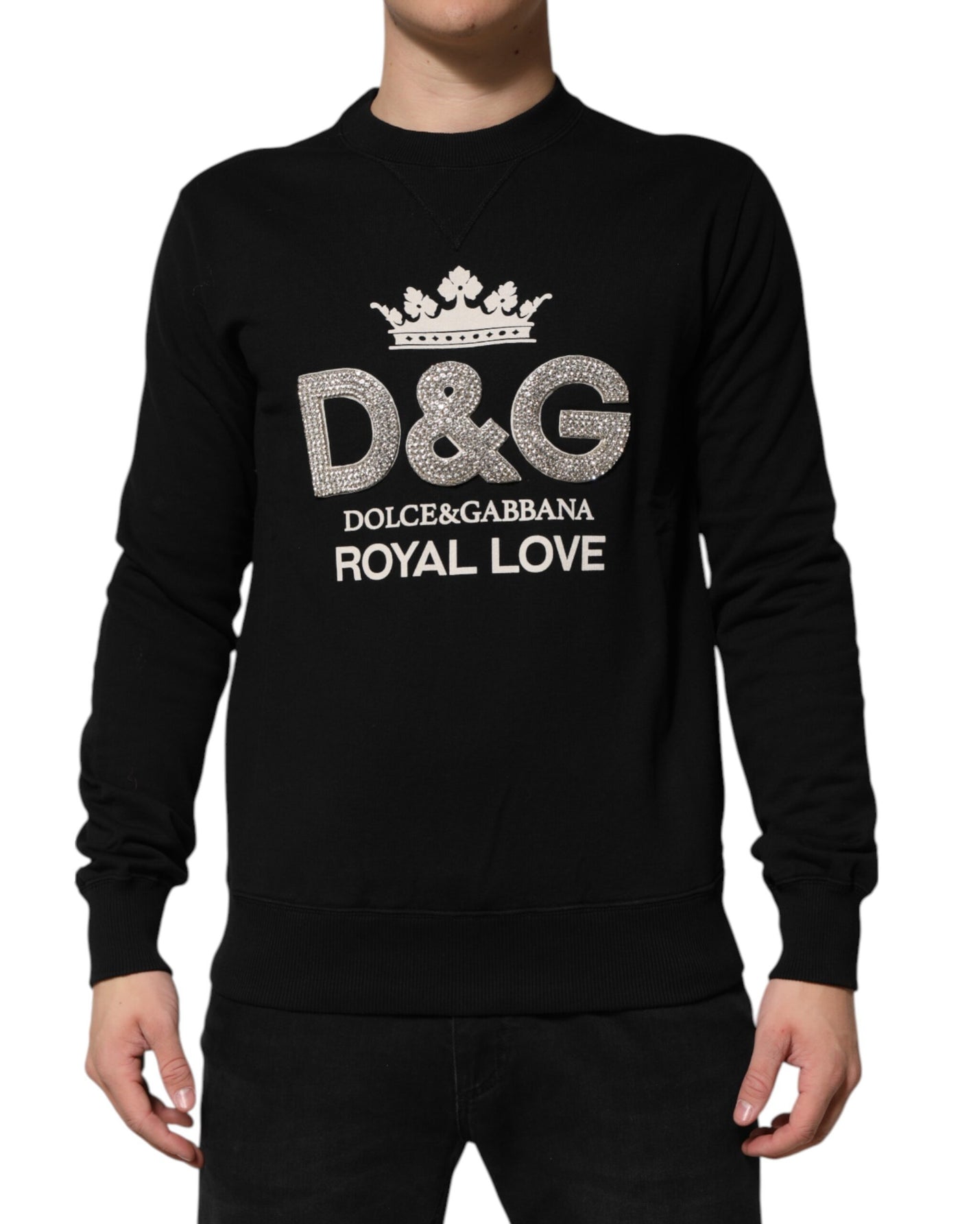 Dolce & Gabbana Schwarzer DG Pullover aus Baumwolle mit Kristallverzierung