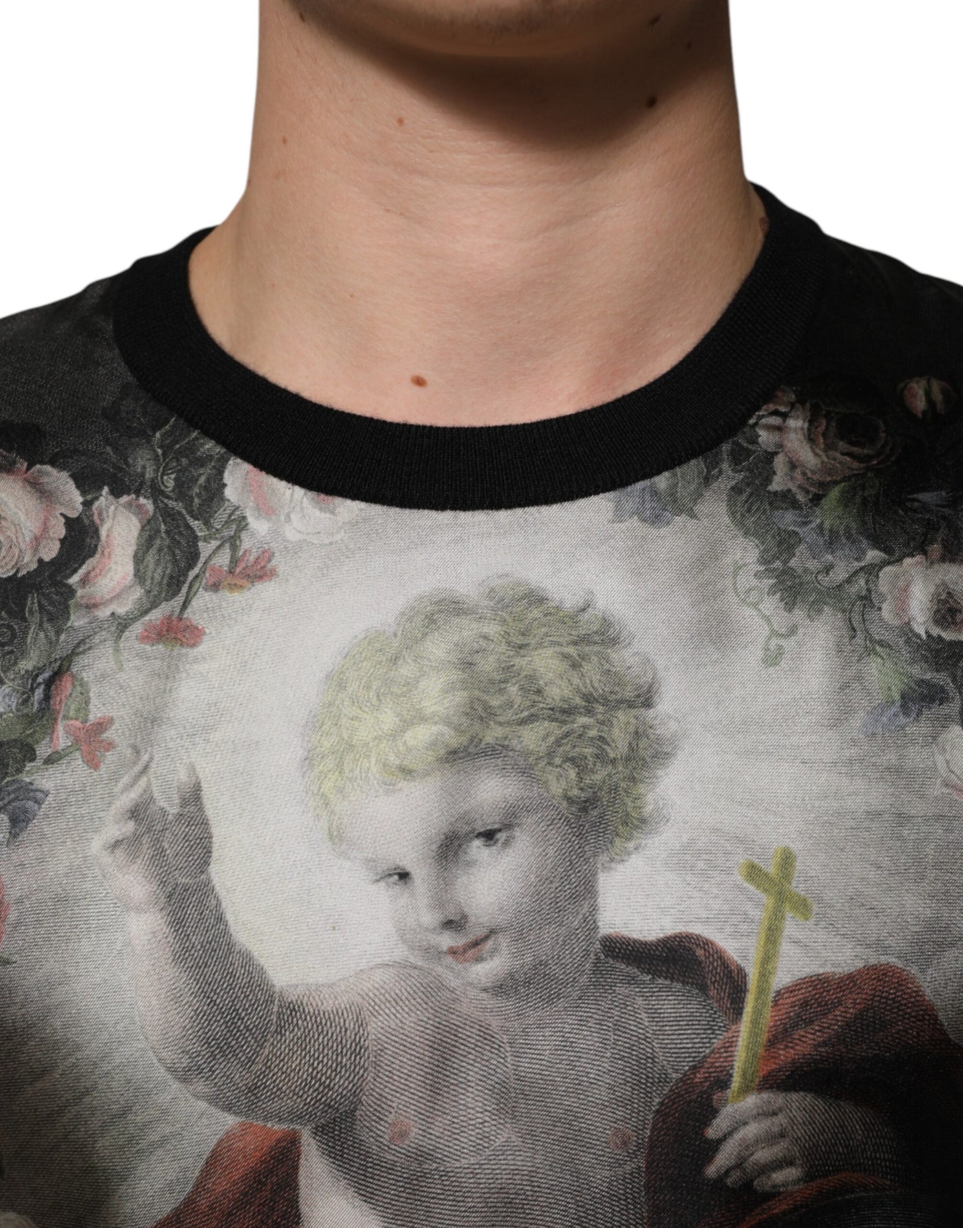 Dolce & Gabbana Schwarzer Kaschmir-Pullover mit Cherub-Print im Barockstil