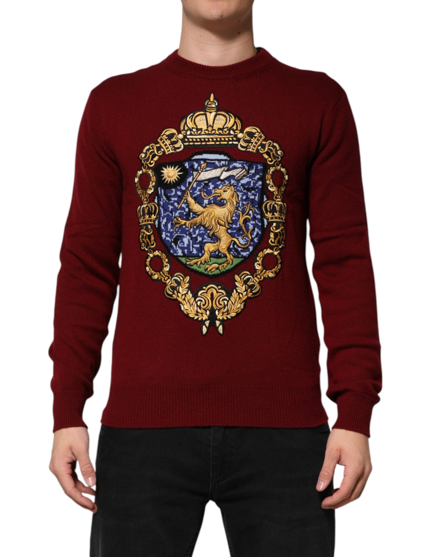 Dolce & Gabbana Burgunderfarbener Pullover aus Kaschmir mit Löwenwappen