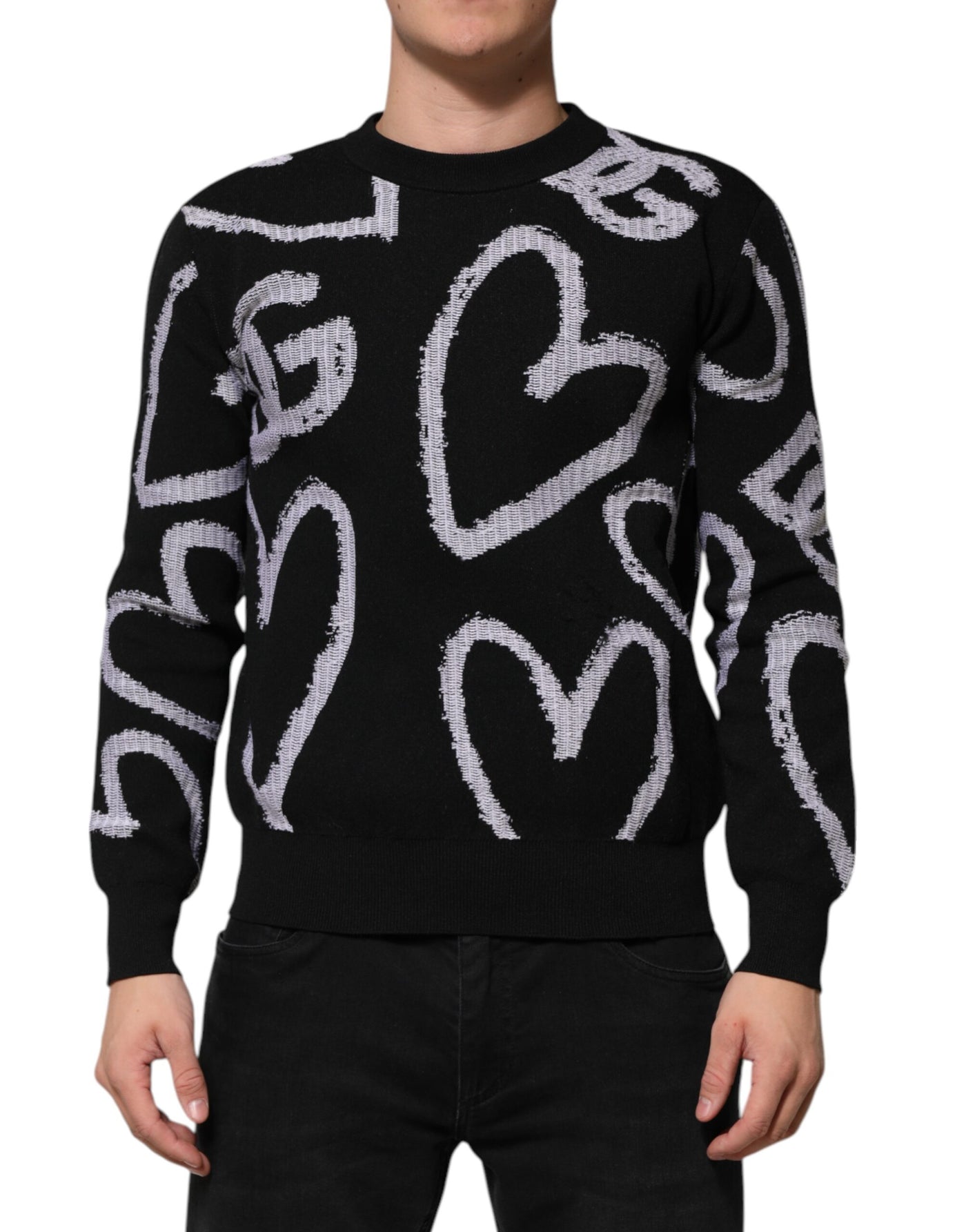 Dolce & Gabbana Schwarzer Pullover aus Nylonwolle mit Herzmotiv