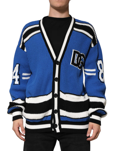 Dolce & Gabbana Blauer Baumwoll-Logoaufnäher Rippenstrickpullover