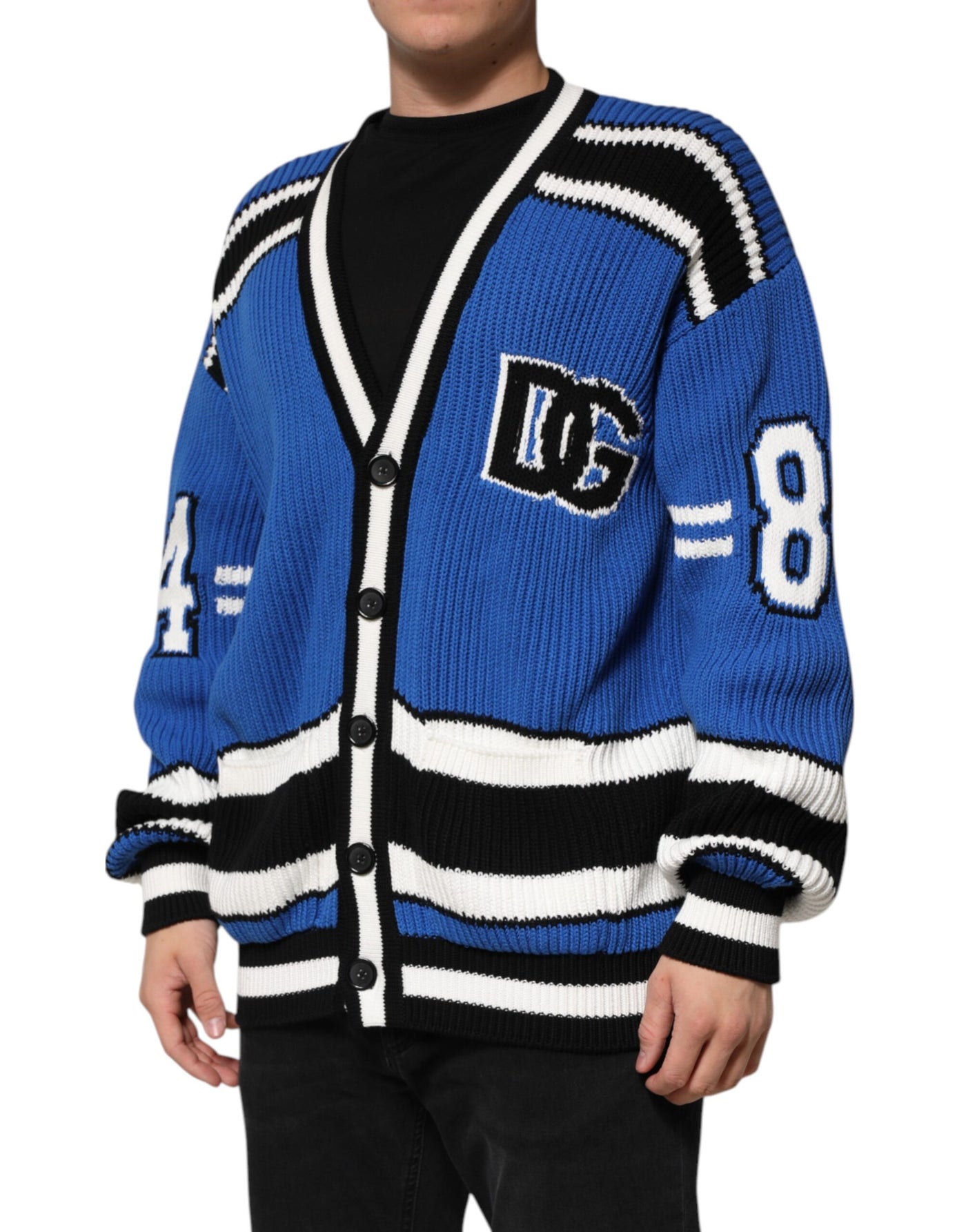 Dolce & Gabbana Blauer Baumwoll-Logoaufnäher Rippenstrickpullover