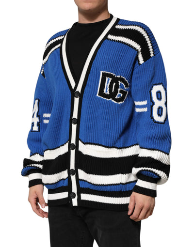 Dolce & Gabbana Blauer Baumwoll-Logoaufnäher Rippenstrickpullover