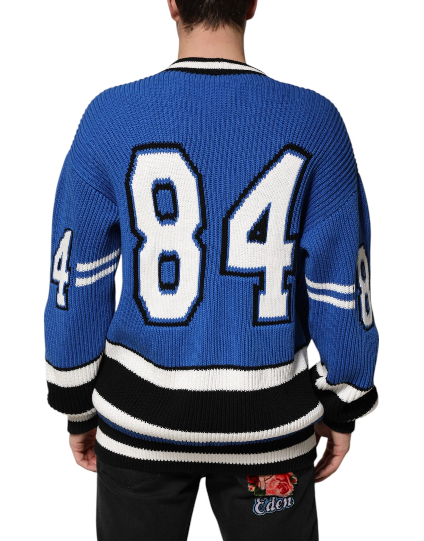Dolce & Gabbana Blauer Baumwoll-Logoaufnäher Rippenstrickpullover