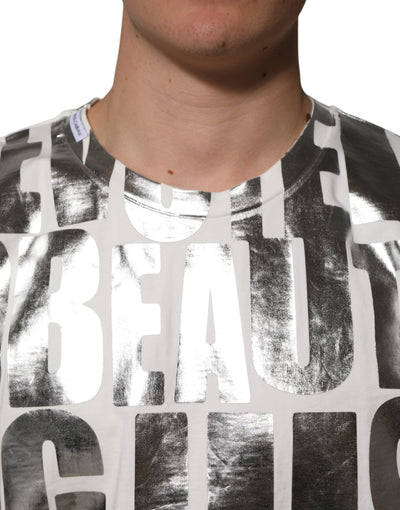Dolce & Gabbana Weißes Baumwoll-T-Shirt mit silbernem Metallic-Slogan-Aufdruck