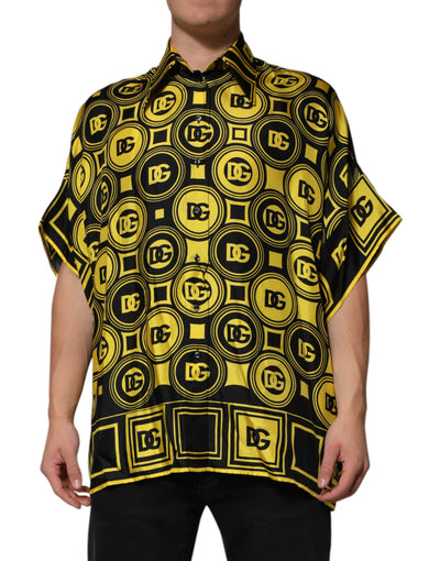 Dolce & Gabbana Gelbe Seide Silber DG Logo Geometrisches T-Shirt