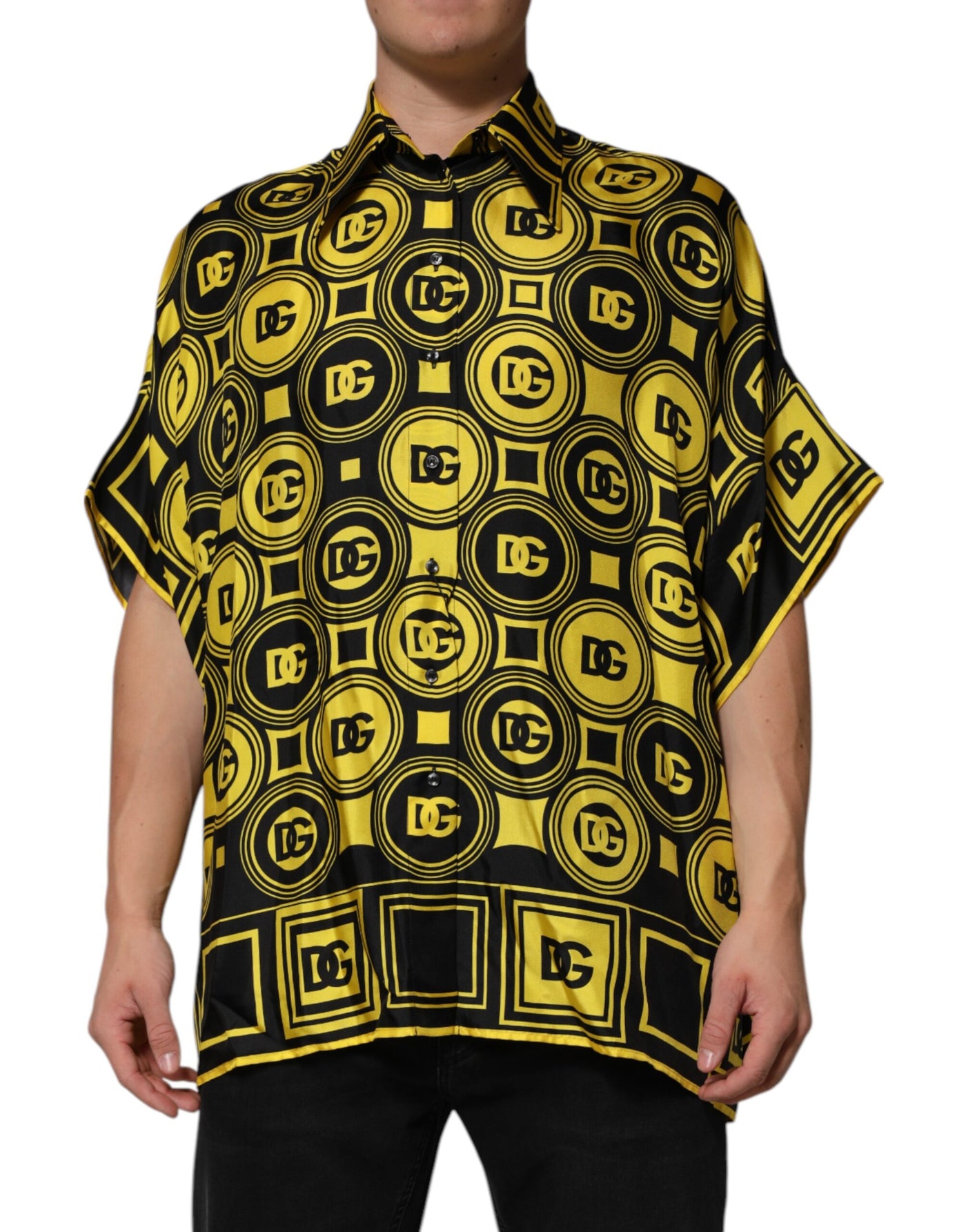 Dolce & Gabbana Gelbe Seide Silber DG Logo Geometrisches T-Shirt