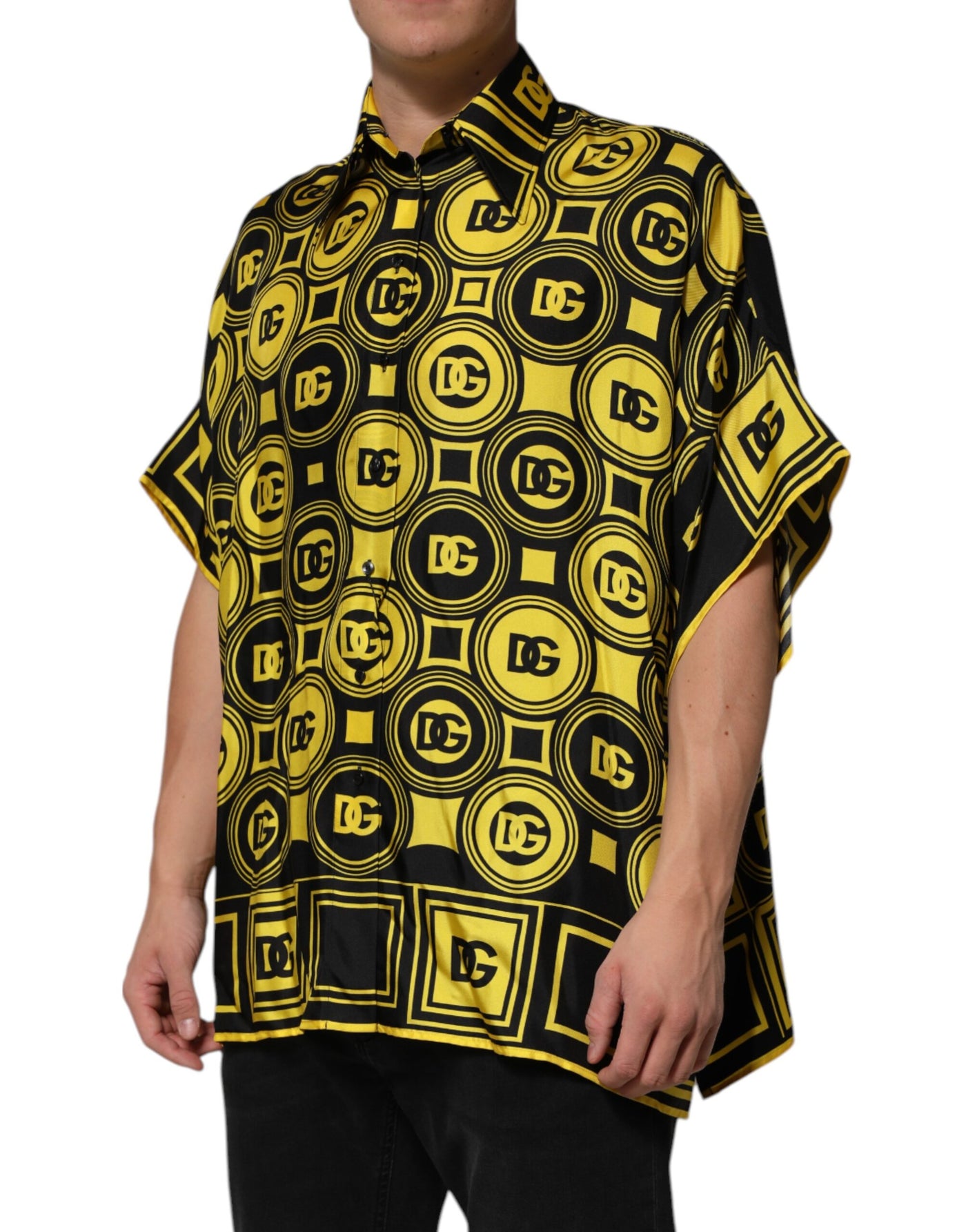 Dolce & Gabbana Gelbe Seide Silber DG Logo Geometrisches T-Shirt