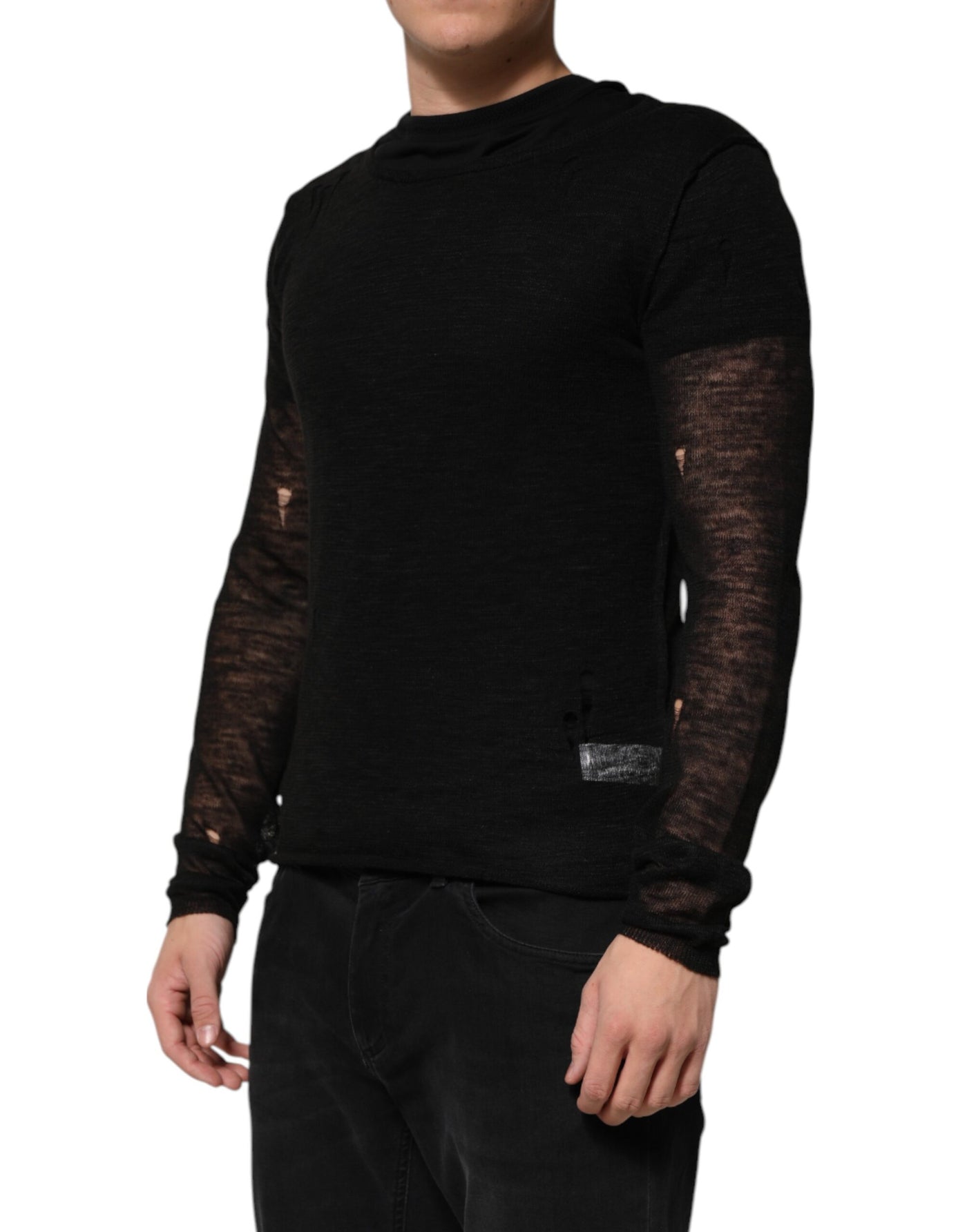Dolce & Gabbana Schwarzes Leinen-Netz-T-Shirt mit zerrissenen langen Ärmeln
