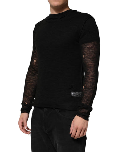 Dolce & Gabbana Schwarzes Leinen-Netz-T-Shirt mit zerrissenen langen Ärmeln