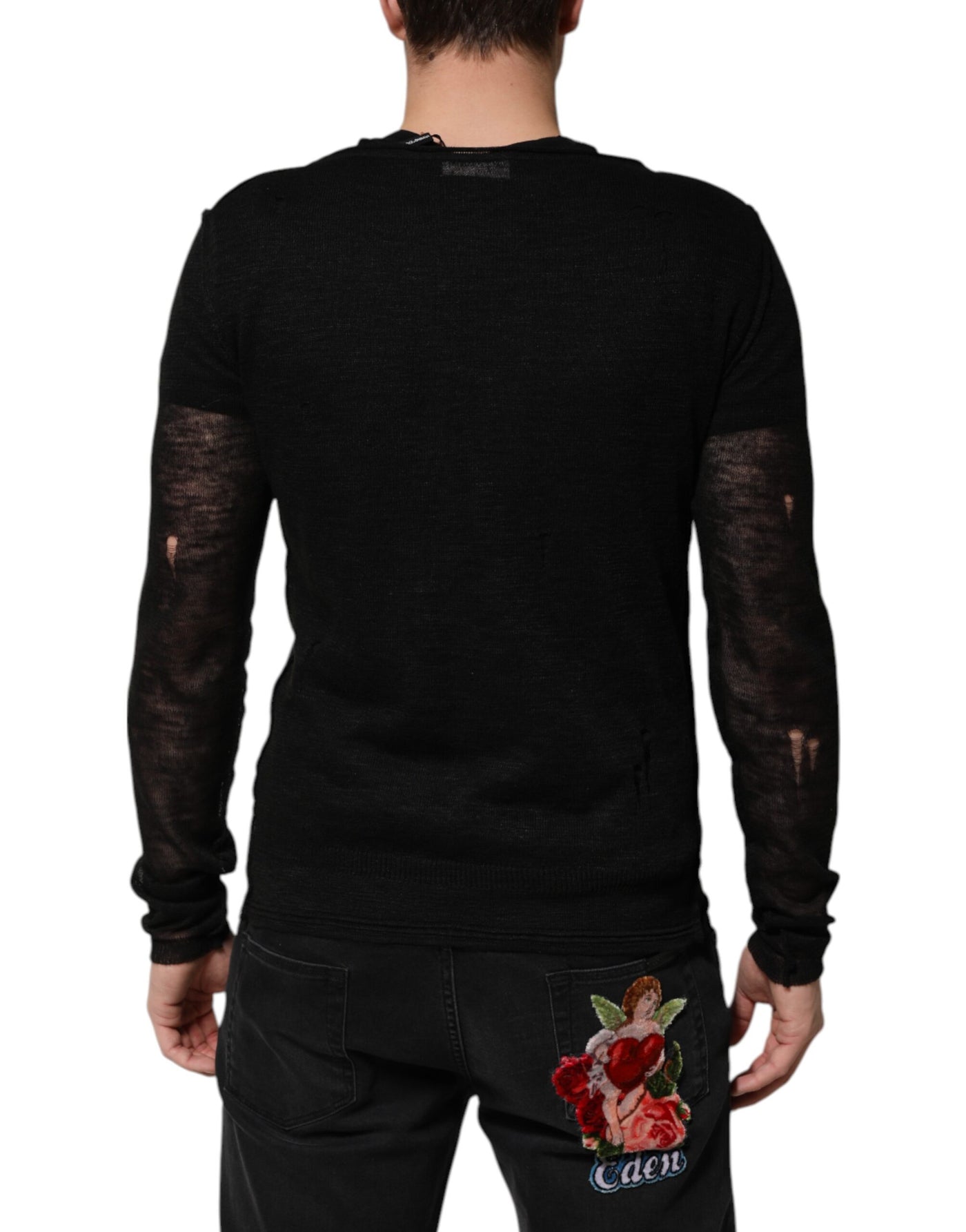 Dolce & Gabbana Schwarzes Leinen-Netz-T-Shirt mit zerrissenen langen Ärmeln