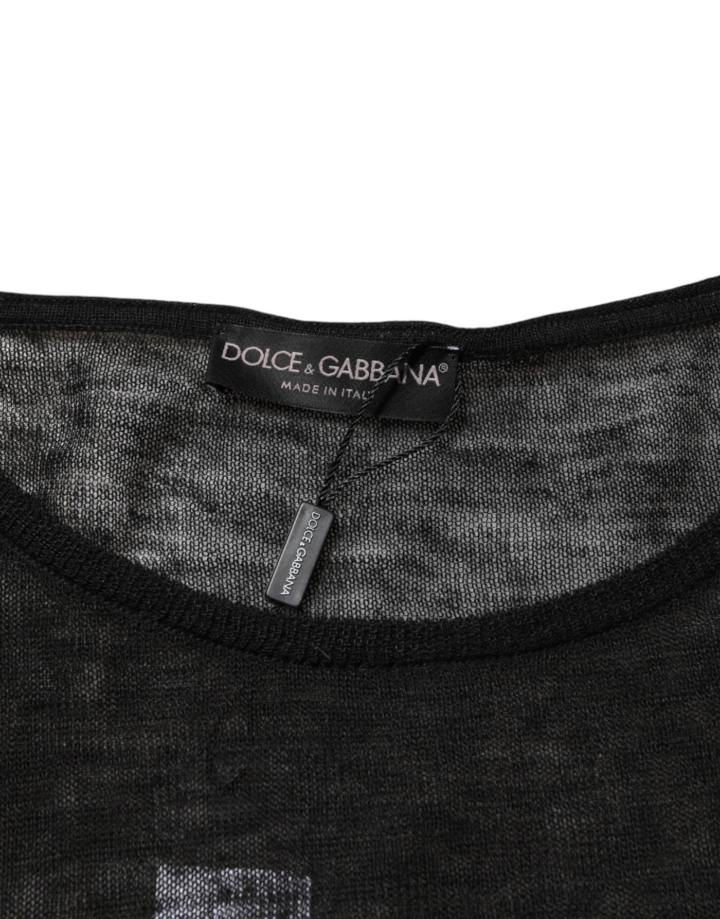 Dolce & Gabbana Schwarzes Leinen-Netz-T-Shirt mit zerrissenen langen Ärmeln