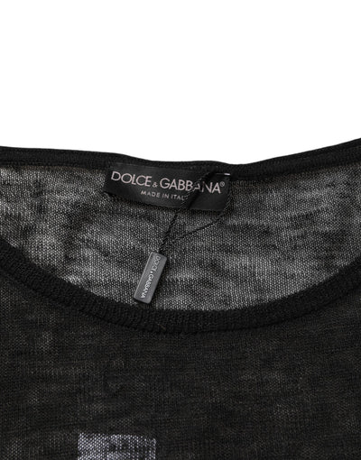 Dolce & Gabbana Schwarzes Leinen-Netz-T-Shirt mit zerrissenen langen Ärmeln