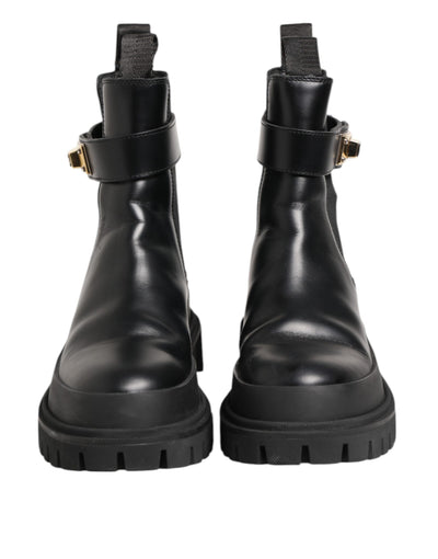 Dolce & Gabbana Schwarze Kalbsleder DG Logo Strap Ankle Boots Schuhe