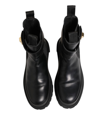 Dolce & Gabbana Schwarze Kalbsleder DG Logo Strap Ankle Boots Schuhe