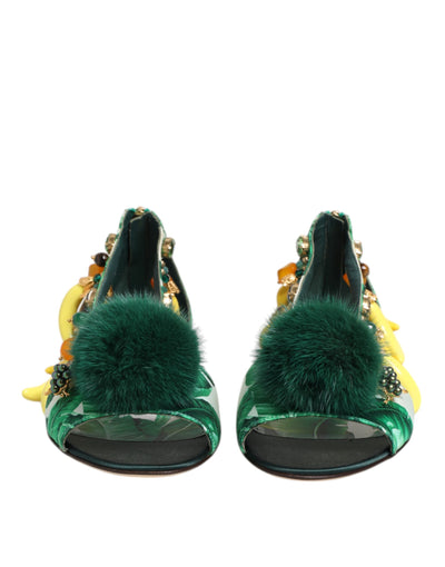 Dolce & Gabbana Grün Nerz Pelz Satin Bananenblatt Sandalen Schuhe