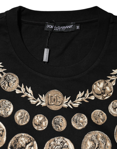 Dolce & Gabbana Schwarzes T-Shirt mit Rundhalsausschnitt aus Baumwolle mit Münzdruck
