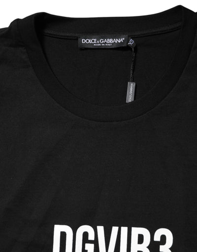 Dolce & Gabbana Schwarzes DG Vib3 Print Baumwoll-T-Shirt mit Rundhalsausschnitt