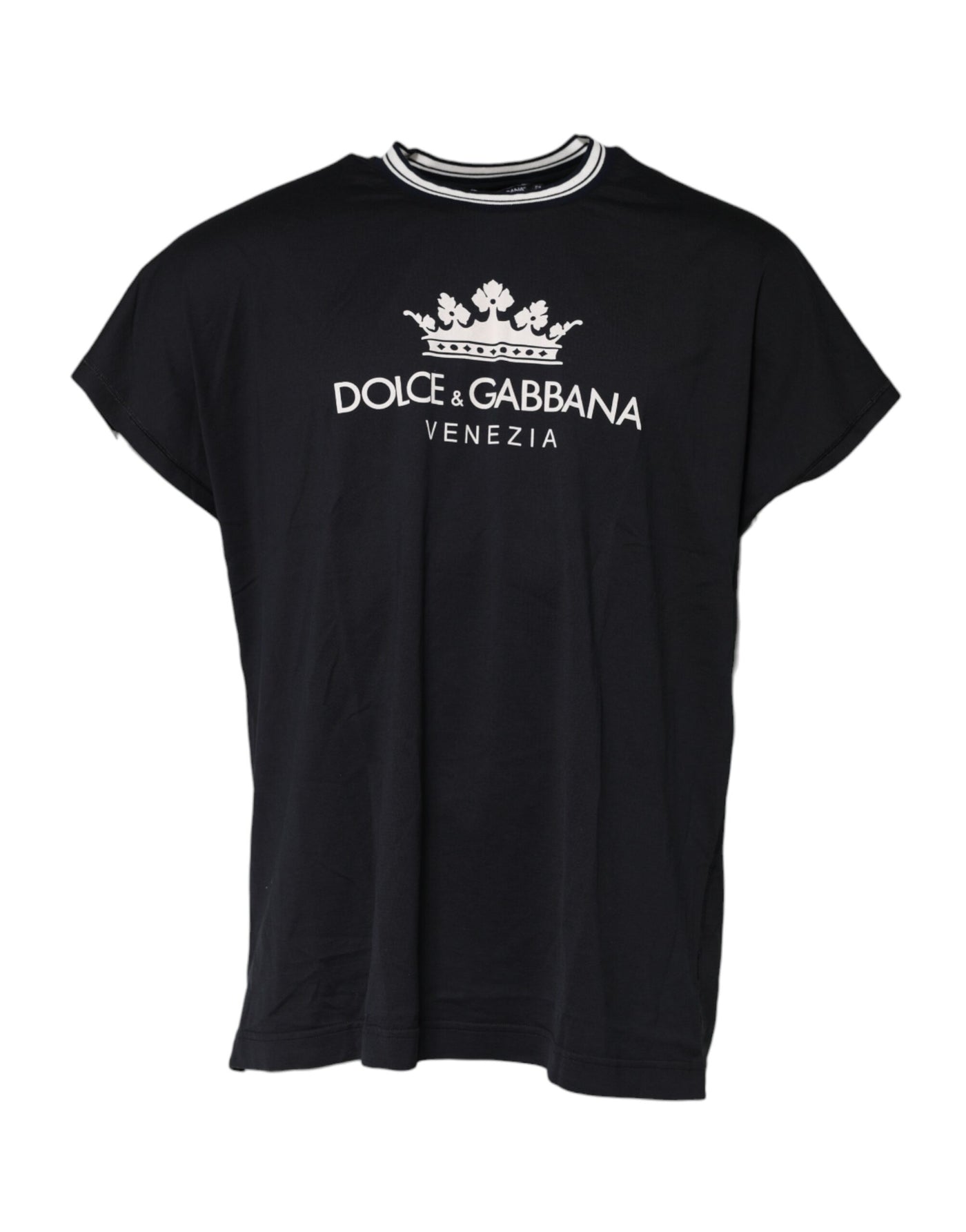 Dolce & Gabbana Dunkelblaues Venezia Crown Baumwoll-T-Shirt mit Rundhalsausschnitt