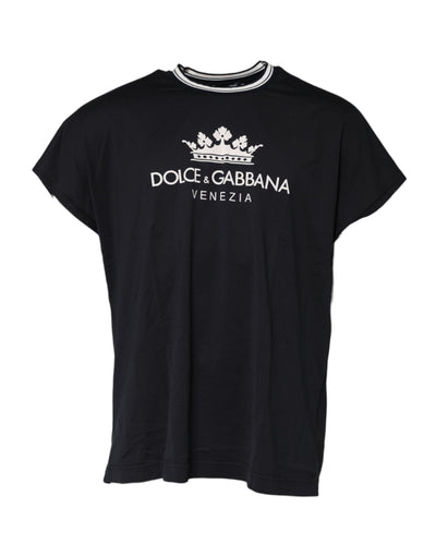 Dolce & Gabbana Dunkelblaues Venezia Crown Baumwoll-T-Shirt mit Rundhalsausschnitt