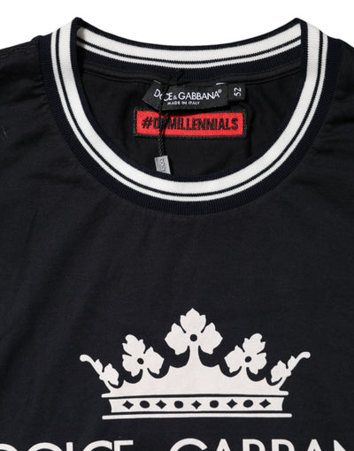 Dolce & Gabbana Dunkelblaues Venezia Crown Baumwoll-T-Shirt mit Rundhalsausschnitt