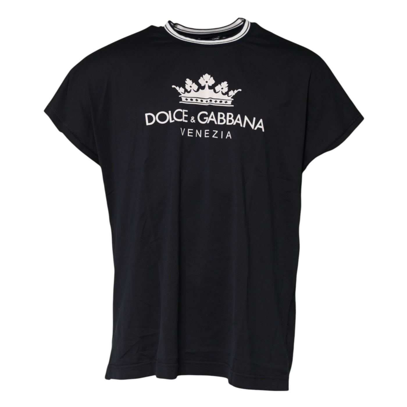 Dolce & Gabbana Dunkelblaues Venezia Crown Baumwoll-T-Shirt mit Rundhalsausschnitt