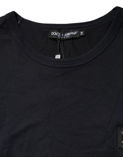 Dolce & Gabbana Dunkelblaues T-Shirt mit Logo-Plakette aus Baumwolle mit Rundhalsausschnitt