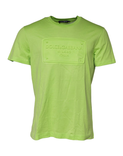 Dolce & Gabbana Grünes T-Shirt mit geprägtem Logo und Rundhalsausschnitt aus Baumwolle
