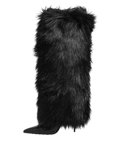 Dolce & Gabbana Schwarze Kunstpelz spitze Knie hohe Stiletto Stiefel Schuhe