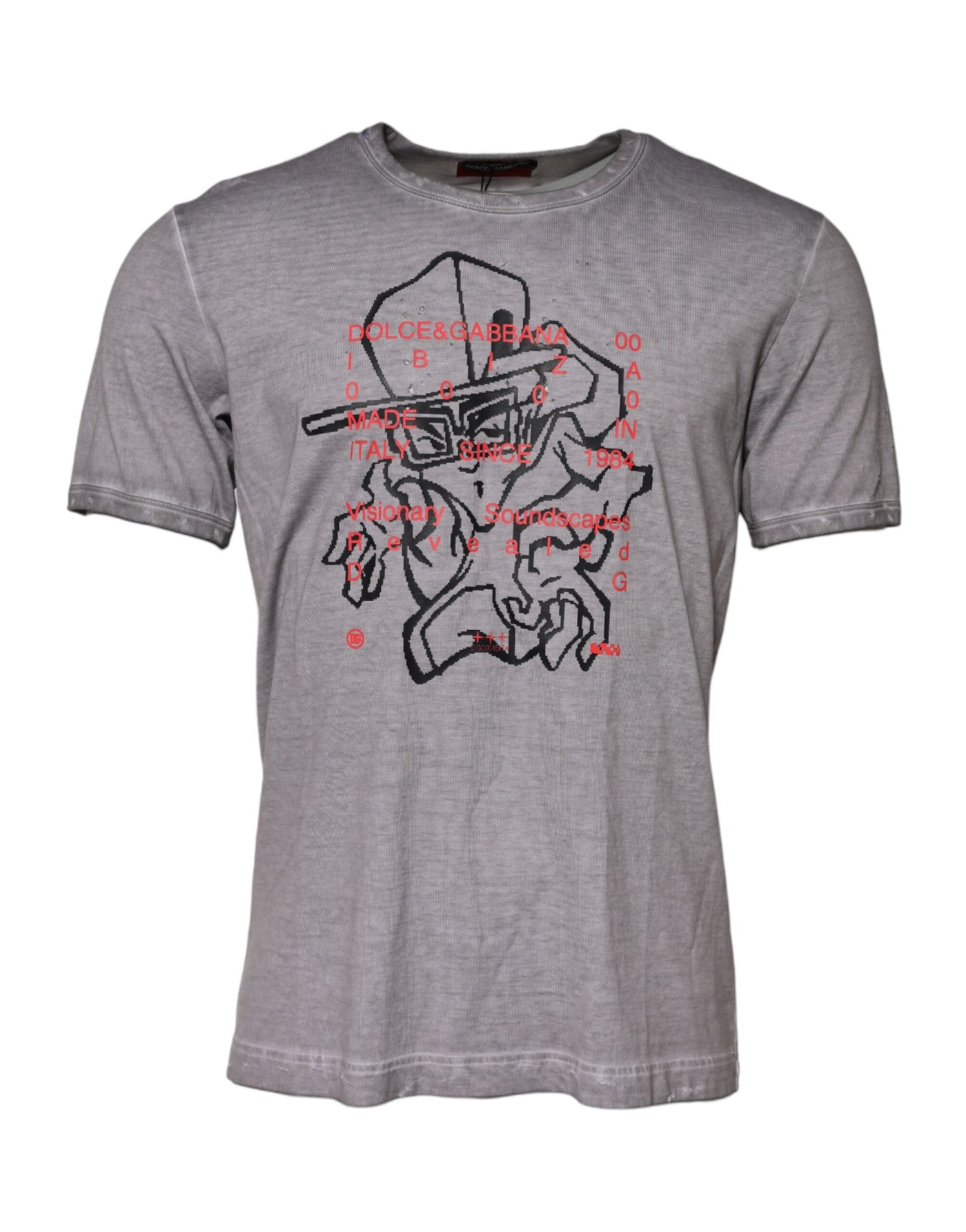 Dolce & Gabbana Graues T-Shirt mit Rundhalsausschnitt aus Baumwolle mit Grafikdruck