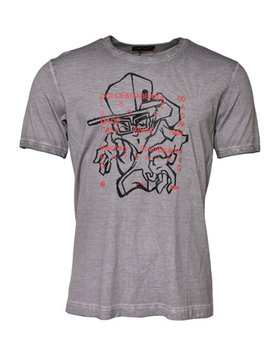 Dolce & Gabbana Graues T-Shirt mit Rundhalsausschnitt aus Baumwolle mit Grafikdruck