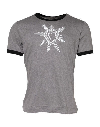 Dolce & Gabbana Graues Sacred Heart Baumwoll-T-Shirt mit Rundhalsausschnitt