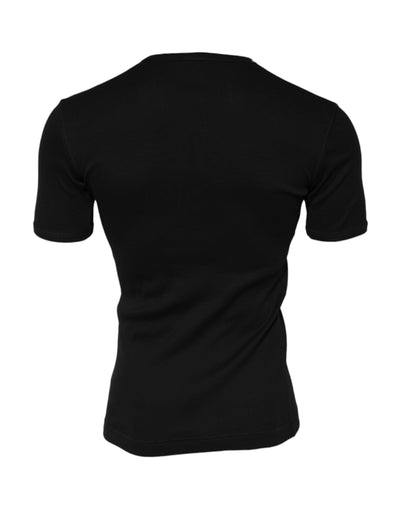 Dolce & Gabbana Schwarzes Baumwollstrick-T-Shirt mit Rundhalsausschnitt Henley