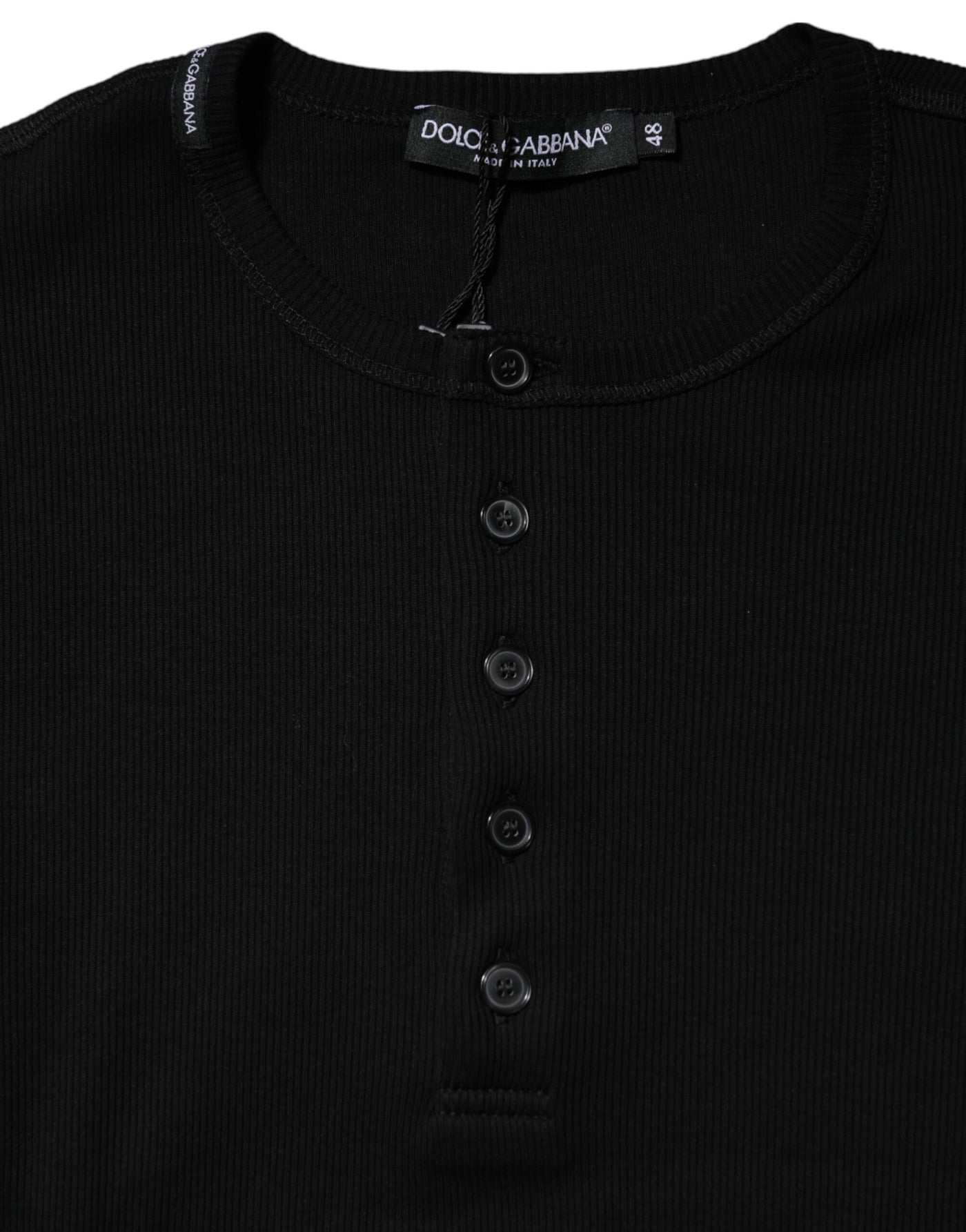 Dolce & Gabbana Schwarzes Baumwollstrick-T-Shirt mit Rundhalsausschnitt Henley