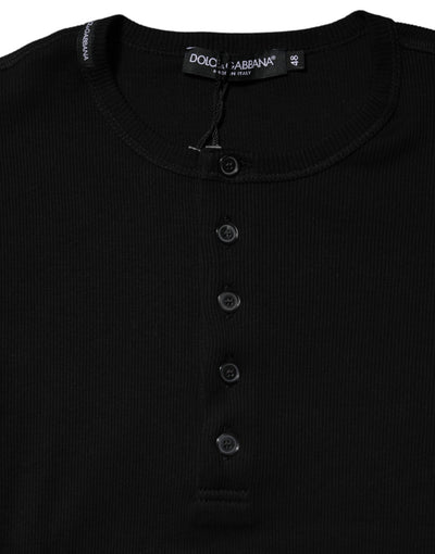Dolce & Gabbana Schwarzes Baumwollstrick-T-Shirt mit Rundhalsausschnitt Henley