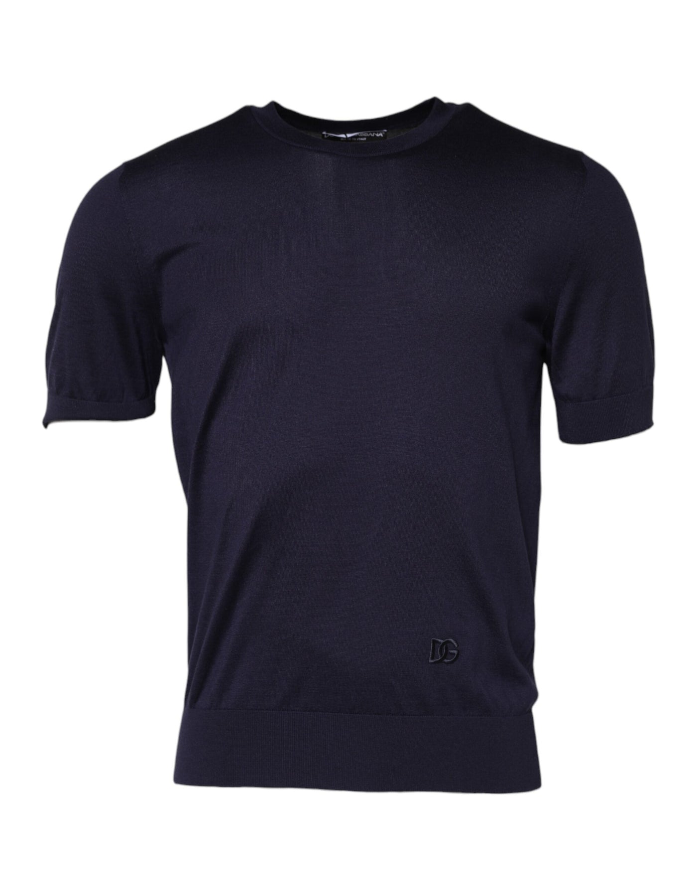 Dolce & Gabbana Dunkelblaues Seiden-T-Shirt mit Rundhalsausschnitt und kurzen Ärmeln