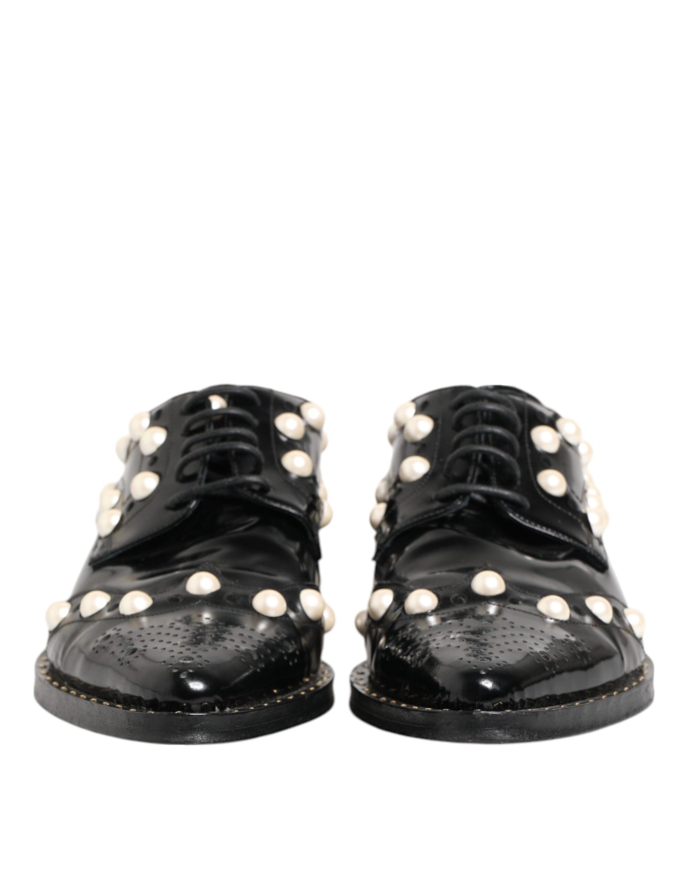 Dolce & Gabbana Schwarzes Leder Faux Pearl Kleid Broque Schuhe