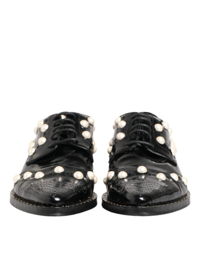 Dolce & Gabbana Schwarzes Leder Faux Pearl Kleid Broque Schuhe