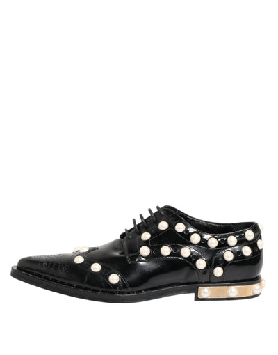 Dolce & Gabbana Schwarzes Leder Faux Pearl Kleid Broque Schuhe